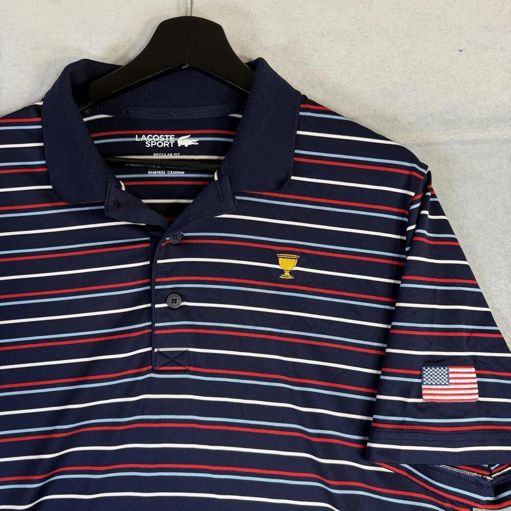 Lacoste Sport Presidents Cup Golf Polo Mens 6 XL Blue Striped USA Flag